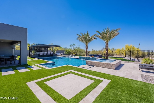 33766 N 86th St, Scottsdale, AZ 85266 - view of pool featuring a patio, an outdoor hangout area, exterior kitchen, and a pool with connected hot tub