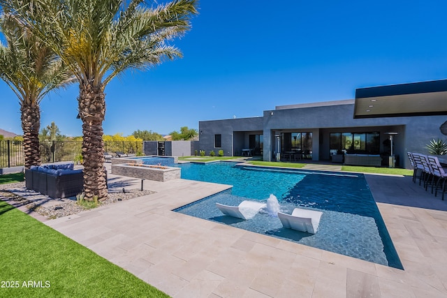 33766 N 86th St, Scottsdale, AZ 85266 - view of swimming pool with outdoor lounge area, a patio area, a hot tub, and fence