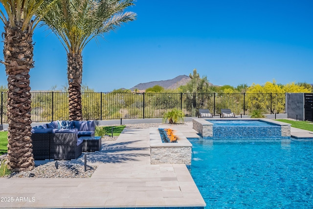 33766 N 86th St, Scottsdale, AZ 85266 - view of swimming pool with a mountain view, an outdoor hangout area, fence, a patio area, and a pool with connected hot tub