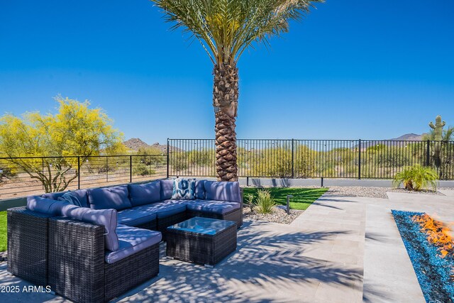 33766 N 86th St, Scottsdale, AZ 85266 - view of patio / terrace featuring an outdoor hangout area, a mountain view, and a fenced backyard