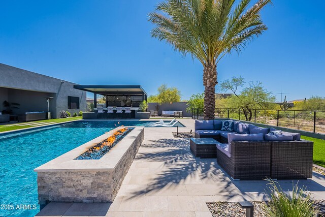 33766 N 86th St, Scottsdale, AZ 85266 - view of pool with an outdoor living space with a fire pit, a patio area, a fenced backyard, and central air condition unit