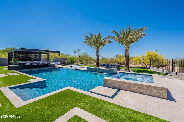 33766 N 86th St, Scottsdale, AZ 85266 - view of pool with an in-ground hot tub, exterior kitchen, an outdoor living space, and a patio area