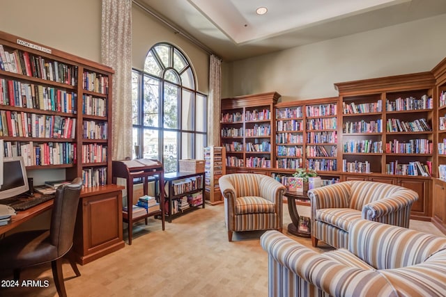 living area with light colored carpet and bookshelves