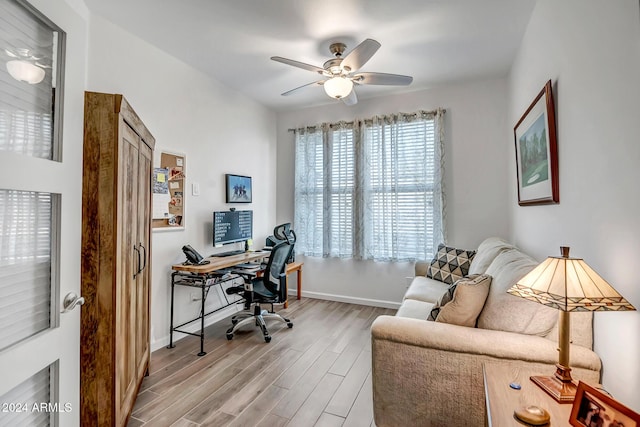 office area featuring ceiling fan and light wood-type flooring