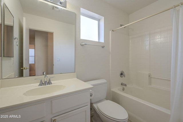 full bath with visible vents, shower / tub combo with curtain, vanity, and toilet