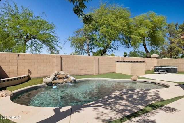 view of pool with a fenced in pool, a fenced backyard, a hot tub, and a patio