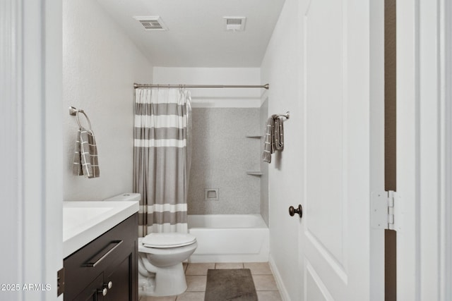 full bath featuring tile patterned flooring, shower / bath combo with shower curtain, visible vents, vanity, and toilet