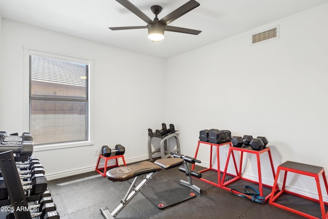 exercise room featuring ceiling fan, visible vents, and baseboards
