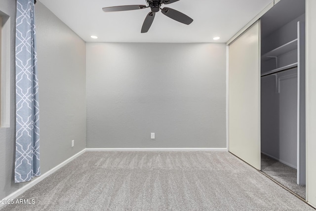 unfurnished bedroom with recessed lighting, baseboards, carpet floors, and a ceiling fan