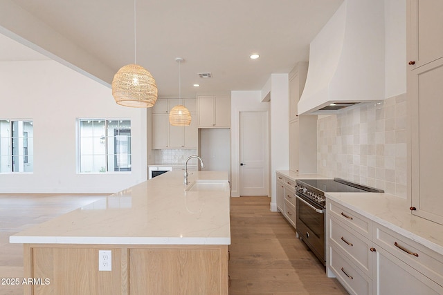 6832 N 178th Ln, Waddell, AZ 85355 - kitchen with visible vents, light stone countertops, custom exhaust hood, stainless steel range, and a sink