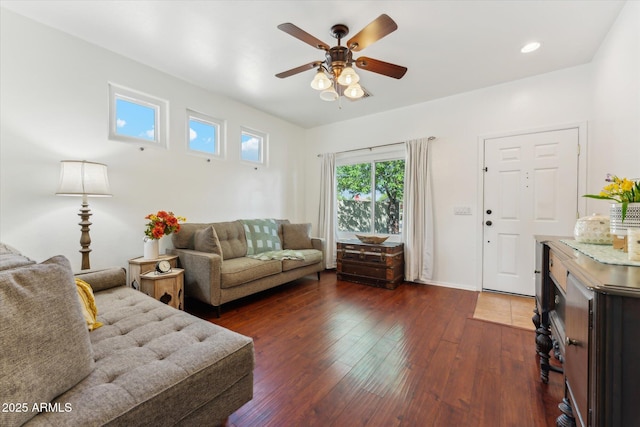 1924 S Rome St, Gilbert, AZ 85295 - living area with dark wood-style floors, ceiling fan, recessed lighting, and baseboards
