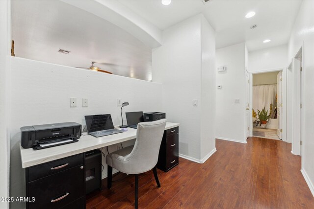 1924 S Rome St, Gilbert, AZ 85295 - office area featuring dark wood-style floors, ceiling fan, baseboards, and recessed lighting