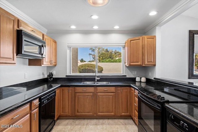 kitchen featuring crown molding, dark stone counters, sink, and black appliances