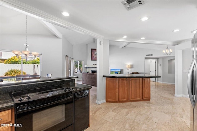 kitchen with pendant lighting, black electric range, ornamental molding, and an inviting chandelier