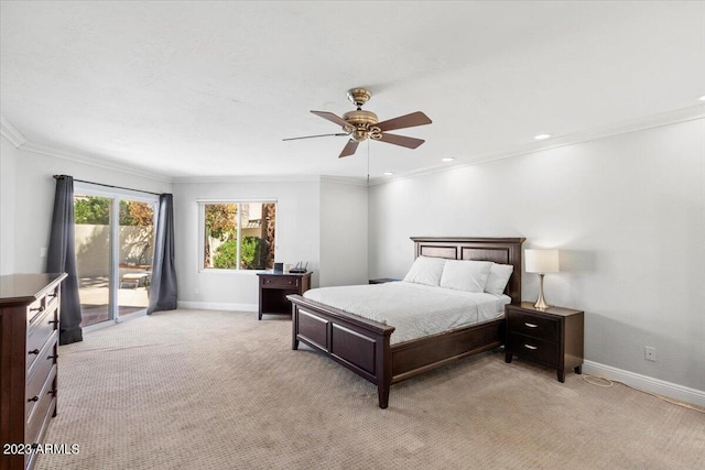 bedroom featuring light carpet, access to exterior, crown molding, and ceiling fan