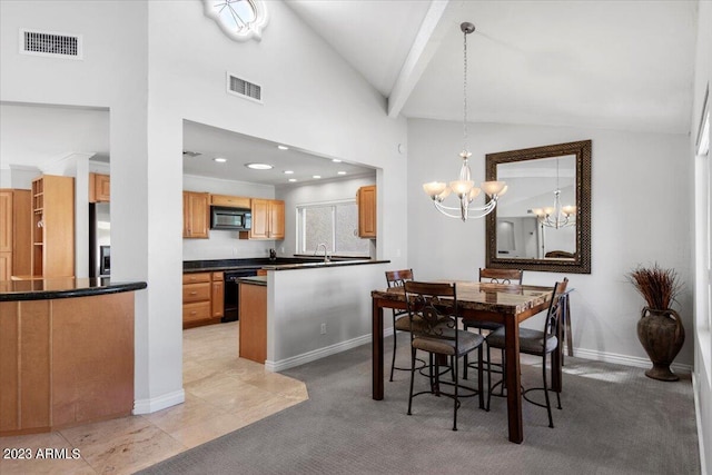 dining area with light colored carpet, lofted ceiling, and a notable chandelier