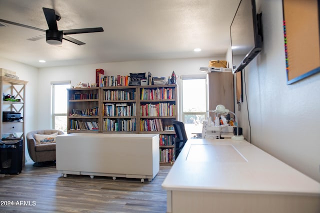 interior space featuring ceiling fan and dark hardwood / wood-style flooring