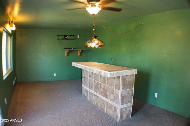 bar featuring ceiling fan and carpet