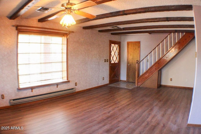 unfurnished living room featuring beamed ceiling, a healthy amount of sunlight, wood-type flooring, and a baseboard heating unit