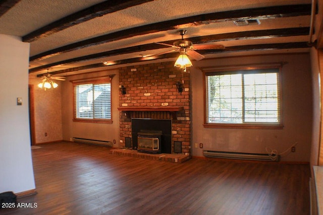 unfurnished living room with beamed ceiling, ceiling fan, dark wood-type flooring, and baseboard heating