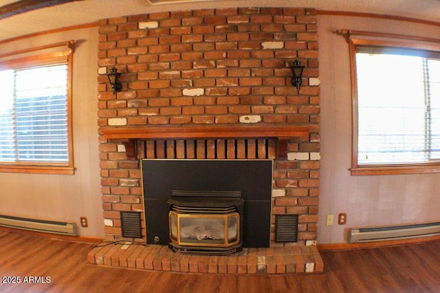 room details featuring a baseboard radiator, wood-type flooring, and a wood stove