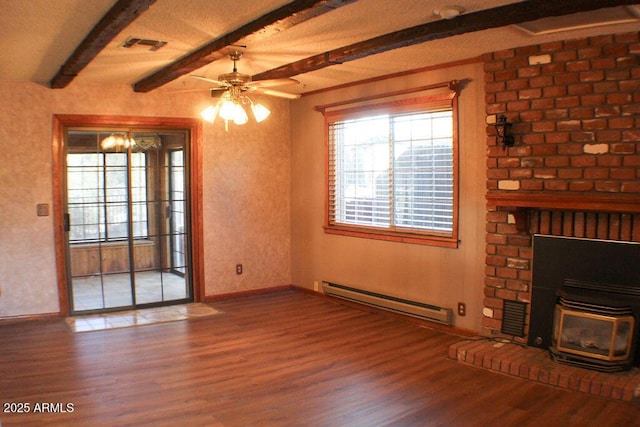 unfurnished living room featuring wood-type flooring, a baseboard radiator, beamed ceiling, and ceiling fan