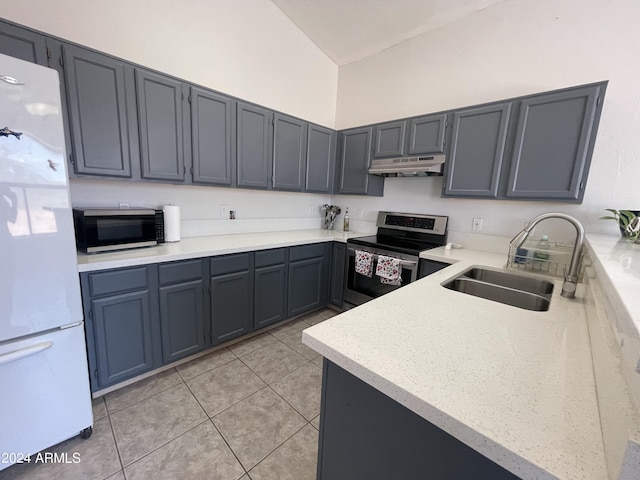 kitchen featuring gray cabinetry, stainless steel electric stove, sink, light tile patterned floors, and white refrigerator