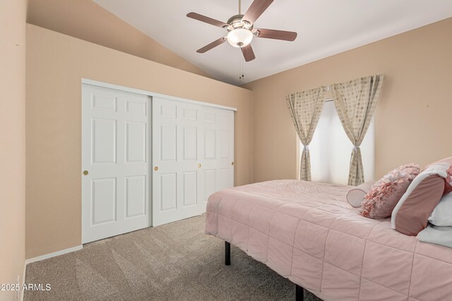2535 N Pinnule Cir, Mesa, AZ 85215 - bedroom featuring carpet, a closet, lofted ceiling, and ceiling fan