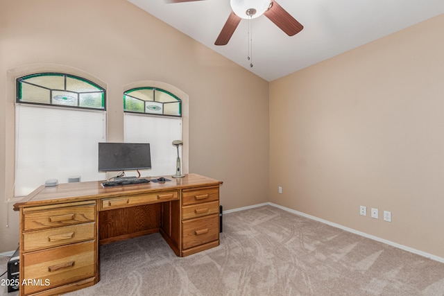2535 N Pinnule Cir, Mesa, AZ 85215 - office featuring lofted ceiling, light carpet, a ceiling fan, and baseboards