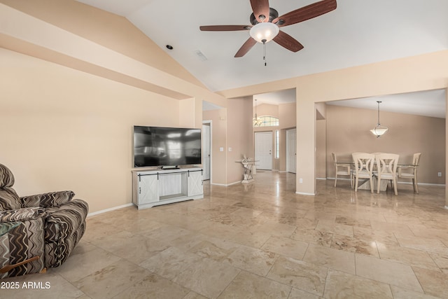 2535 N Pinnule Cir, Mesa, AZ 85215 - living area featuring a ceiling fan, baseboards, and high vaulted ceiling