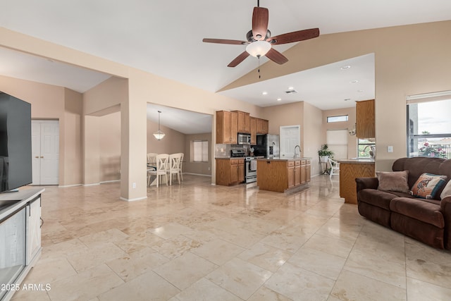 2535 N Pinnule Cir, Mesa, AZ 85215 - living area with high vaulted ceiling, a ceiling fan, recessed lighting, and baseboards