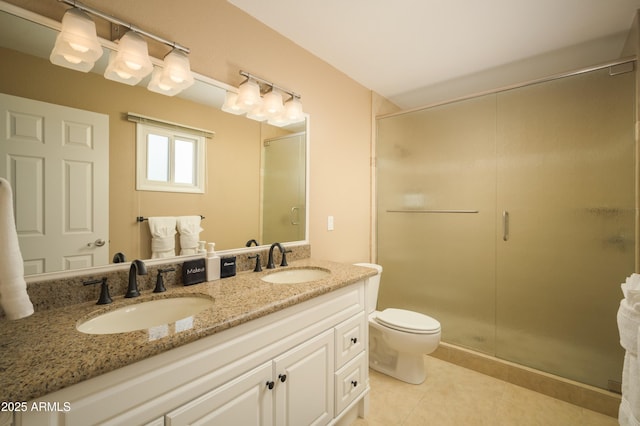 bathroom with walk in shower, vanity, toilet, and tile patterned flooring