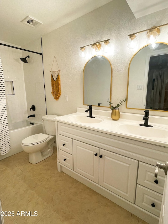 full bathroom with toilet, vanity, and shower / bathtub combination with curtain