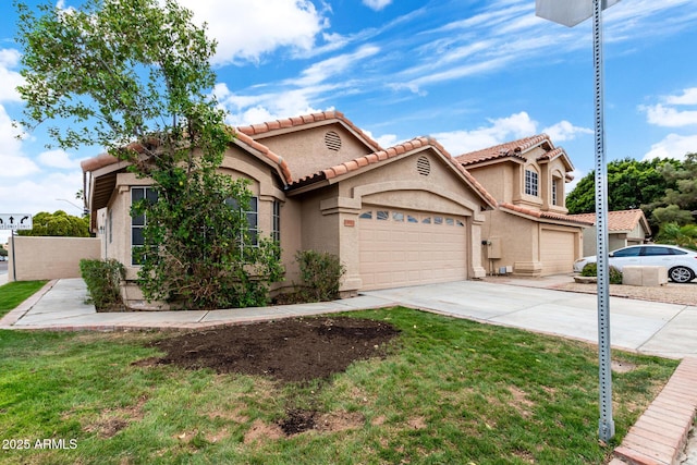 view of front facade featuring a tiled roof, stucco siding, an attached garage, and concrete driveway