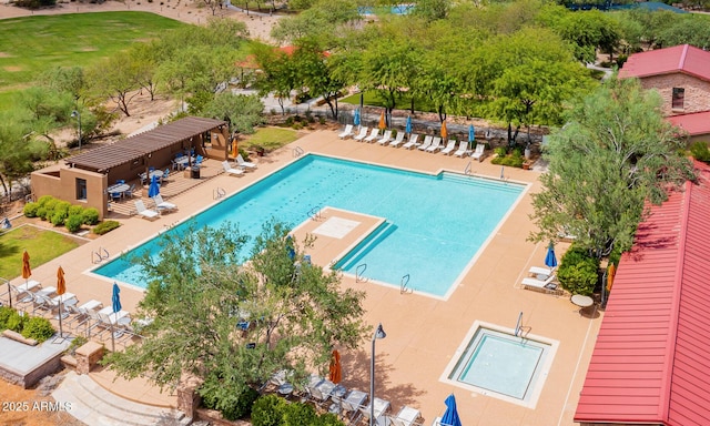 pool with a patio area, fence, and a pergola