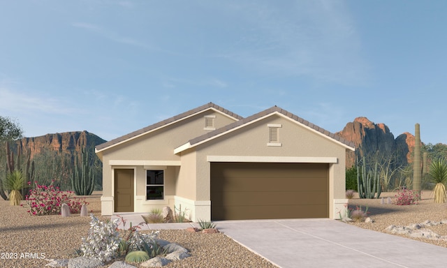 9507 S Mara Dr, Apache Junction, AZ 85120 - ranch-style home with stucco siding, an attached garage, driveway, and a mountain view