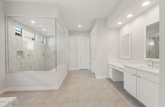 22660 E Pegasus Pkwy, Queen Creek, AZ 85142 - full bath featuring recessed lighting, a marble finish shower, baseboards, vanity, and tile patterned flooring