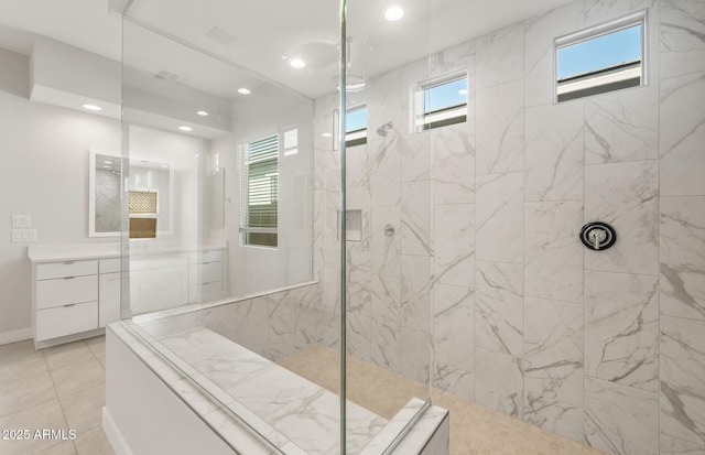 22660 E Pegasus Pkwy, Queen Creek, AZ 85142 - bathroom with a marble finish shower, vanity, plenty of natural light, and recessed lighting