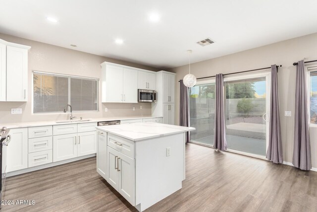 20293 N 83rd Dr, Peoria, AZ 85382 - kitchen featuring visible vents, a sink, white cabinets, stainless steel microwave, and light wood-style floors