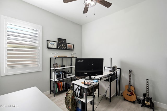 office featuring ceiling fan and light hardwood / wood-style floors