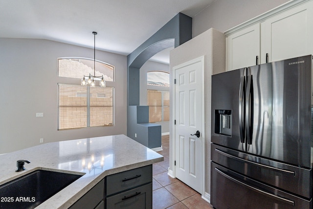 kitchen with sink, gray cabinetry, white cabinetry, decorative light fixtures, and stainless steel fridge with ice dispenser