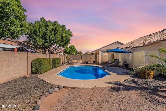 pool at dusk featuring a patio