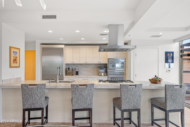 kitchen with appliances with stainless steel finishes, tasteful backsplash, island exhaust hood, a kitchen bar, and sink