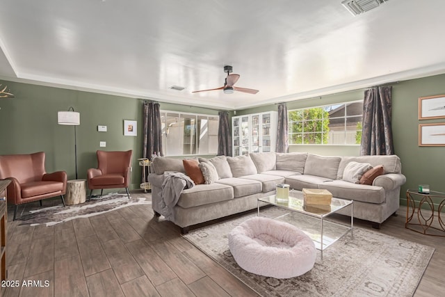 430 N Vineyard, Mesa, AZ 85201 - living area with a ceiling fan, wood finished floors, and visible vents