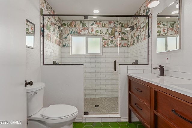 430 N Vineyard, Mesa, AZ 85201 - bathroom with tile patterned flooring, double vanity, toilet, a sink, and a stall shower