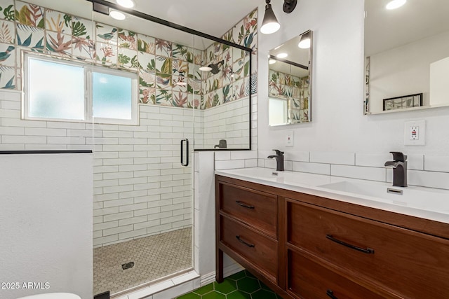 430 N Vineyard, Mesa, AZ 85201 - bathroom with a sink, tile patterned floors, a shower stall, and double vanity