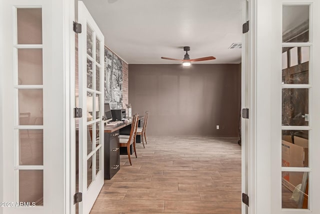 430 N Vineyard, Mesa, AZ 85201 - office area with a ceiling fan, french doors, visible vents, and wood finished floors