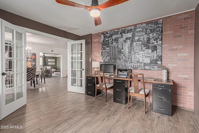 430 N Vineyard, Mesa, AZ 85201 - office area featuring ceiling fan, brick wall, french doors, and wood finished floors