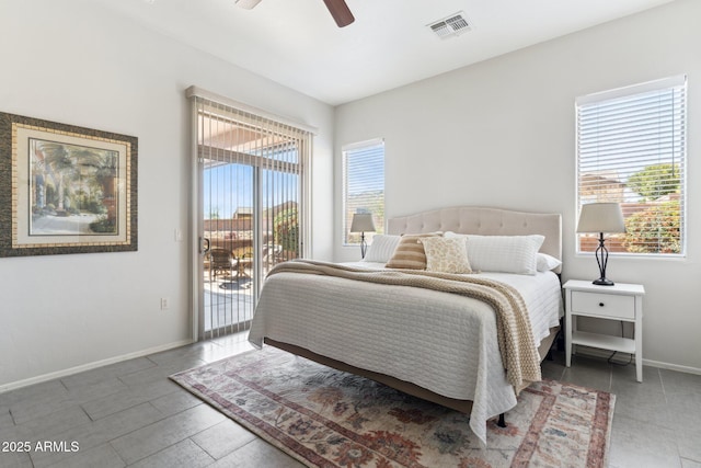 bedroom featuring visible vents, baseboards, access to exterior, and a ceiling fan