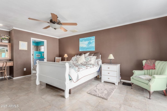 bedroom with ceiling fan and crown molding